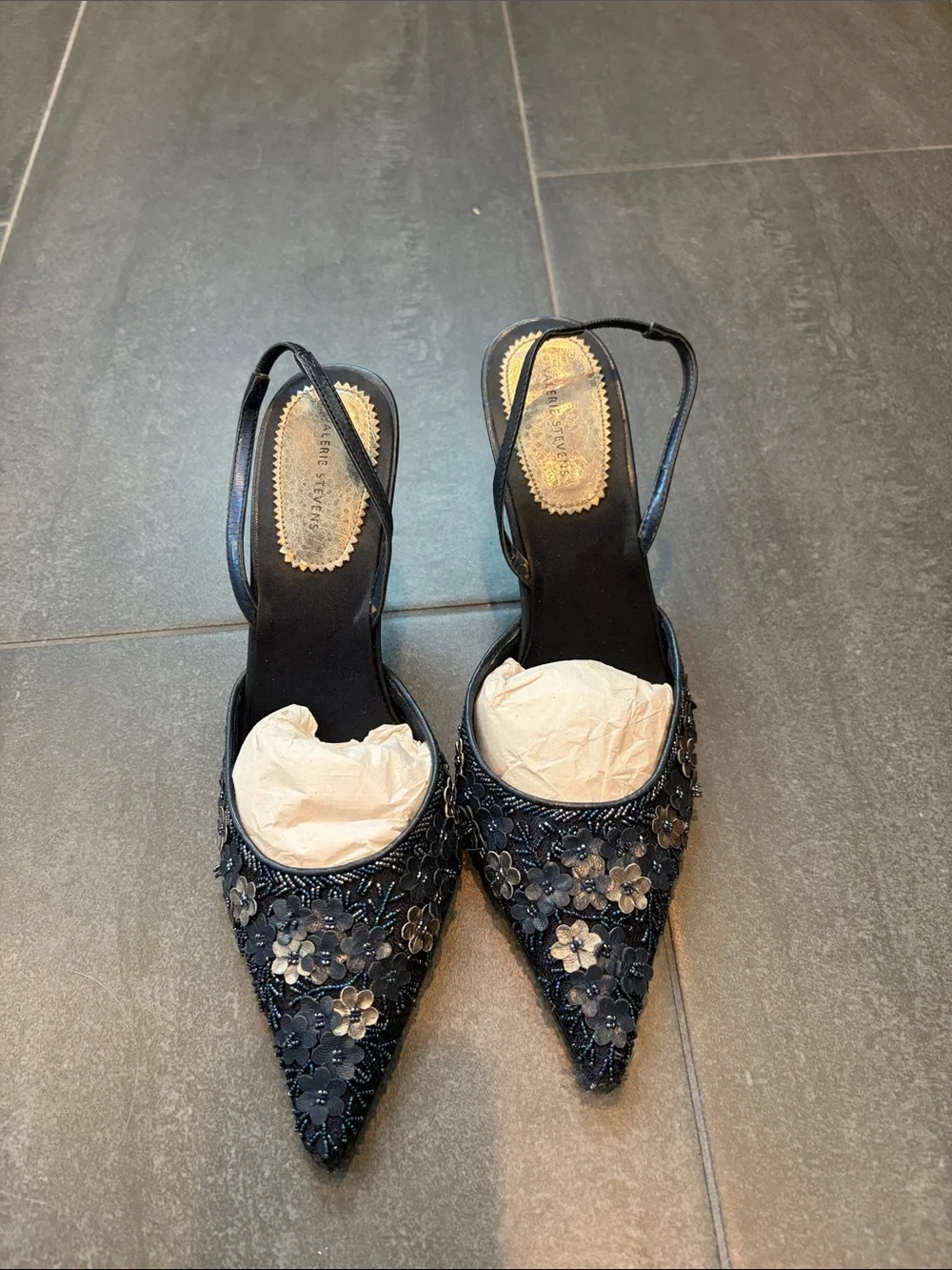 Valerie Stevens Navy Floral Beaded Pointed Slingback Heels